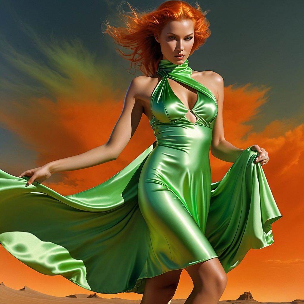 Striking Figure in Green Dress Against Orange Sky