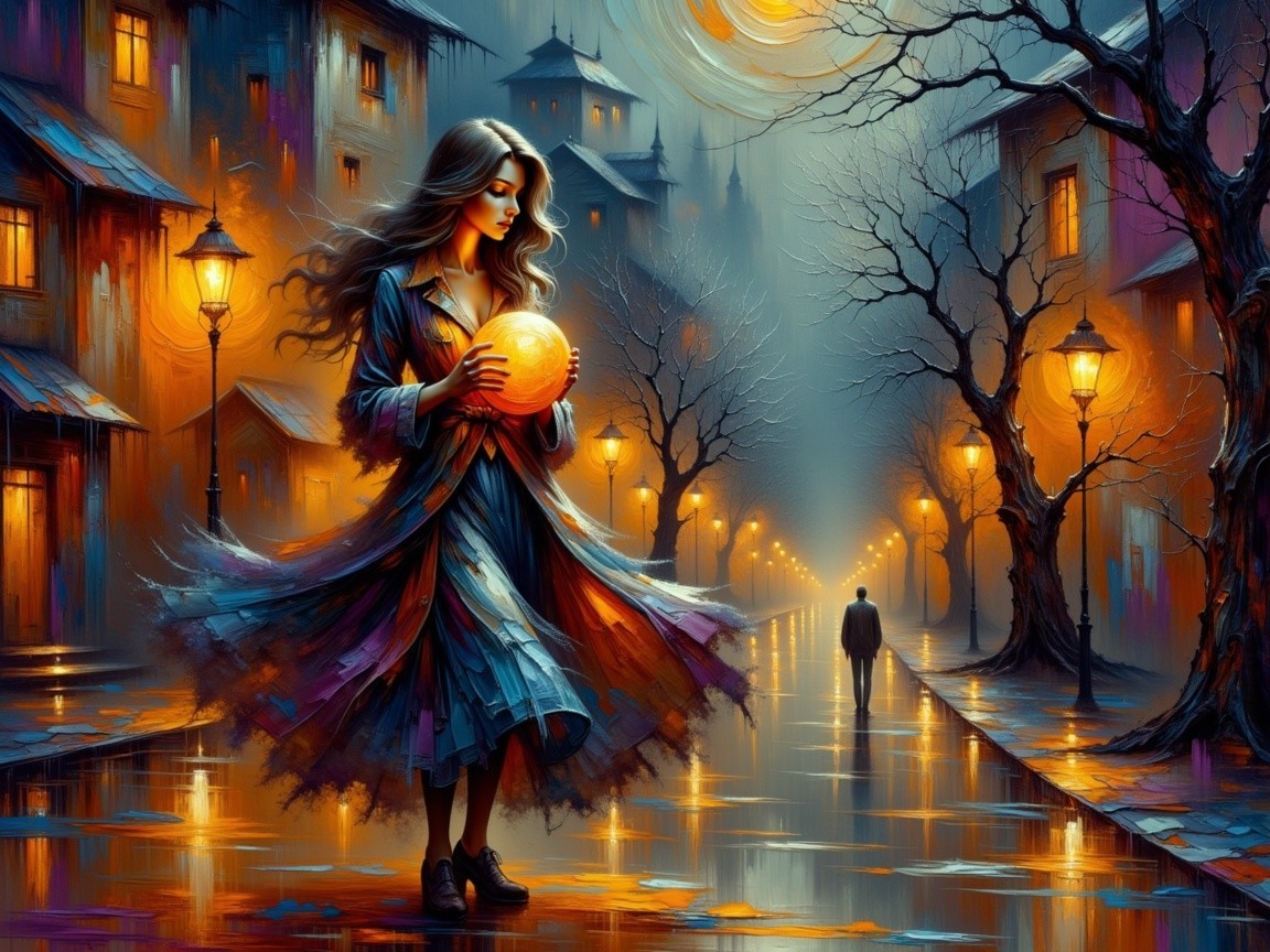 Misty Street Scene with Woman and Glowing Orb