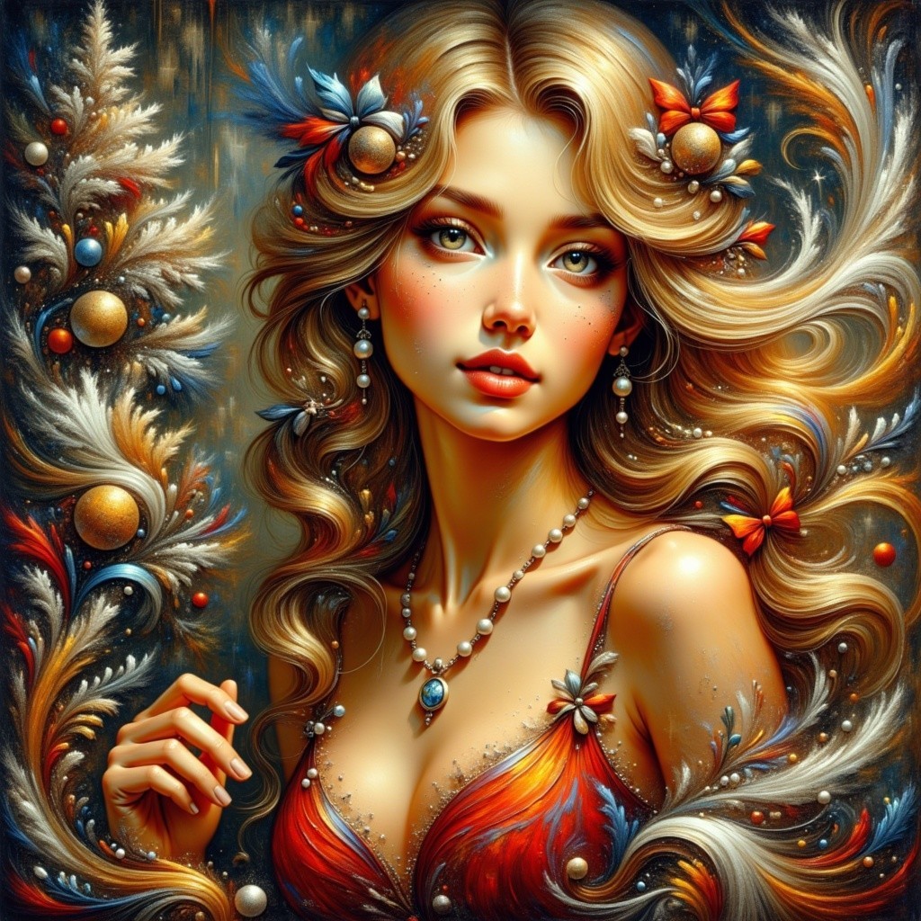 Vibrant Painting of a Young Woman with Feathers and Gems