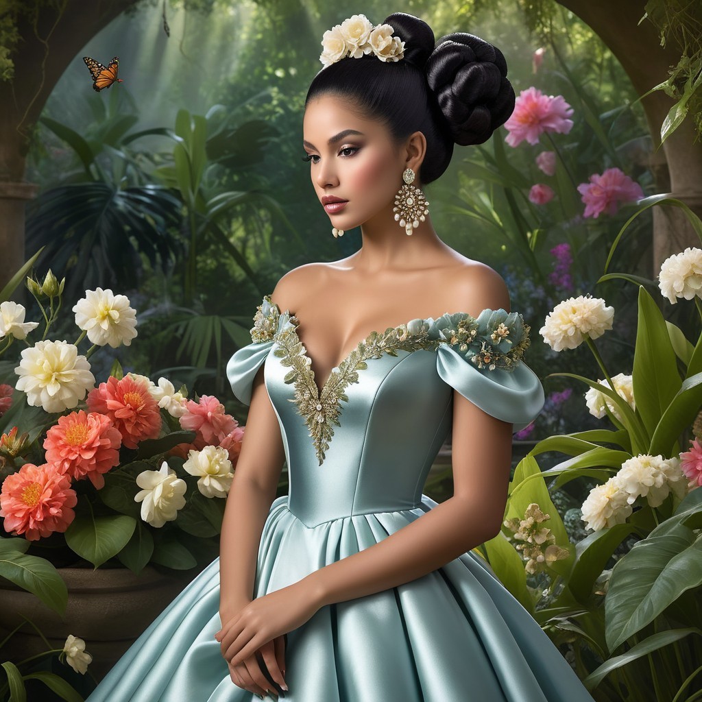 Young Woman in Aqua Gown in Lush Flower Garden