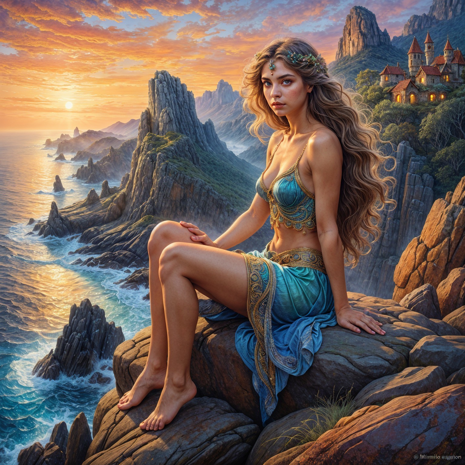 Fantasy Scene of Woman in Blue Outfit on Cliff