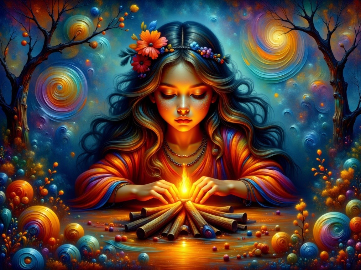 Serene girl by flickering fire in magical landscape