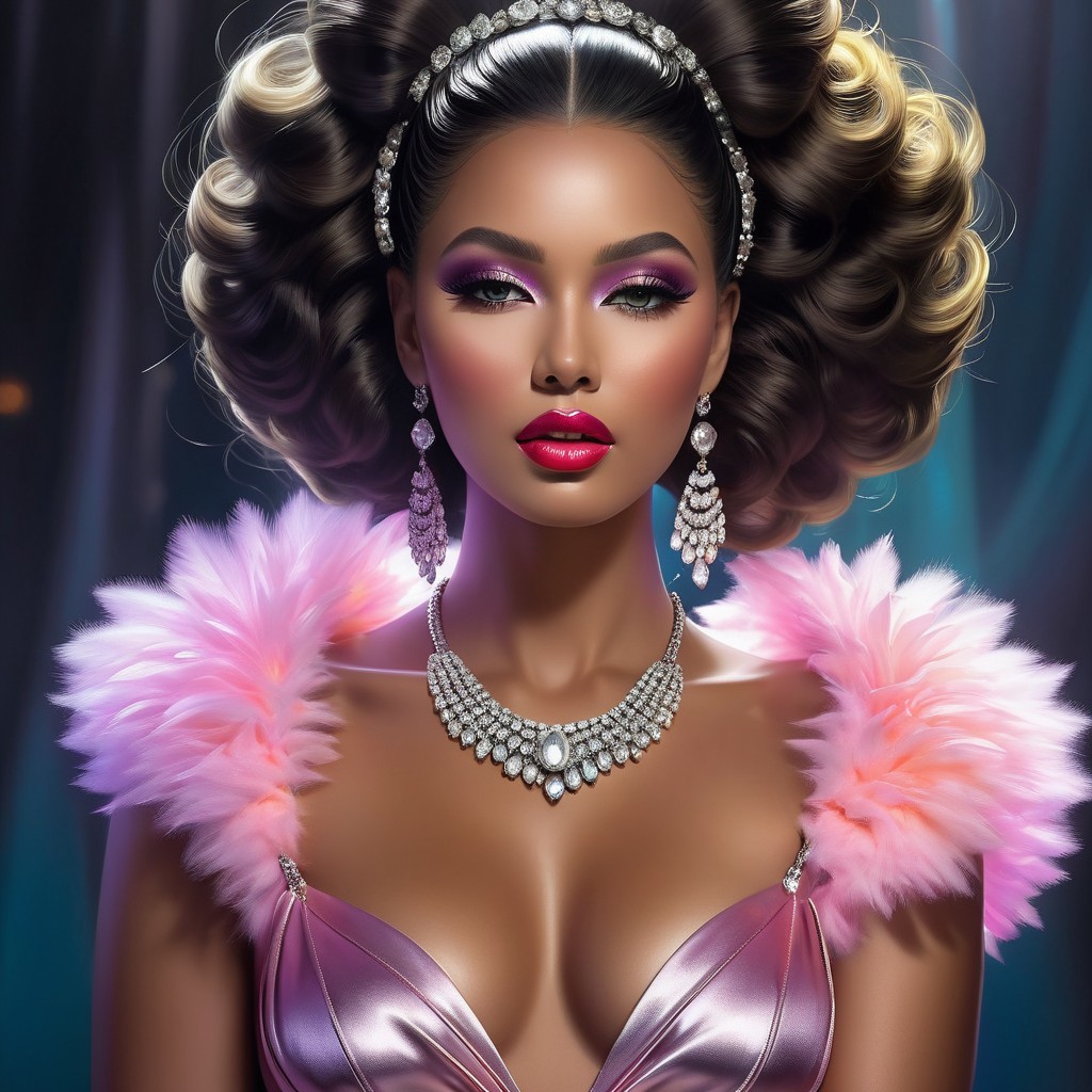 Glamorous Woman in Pink Gown with Feather Trim