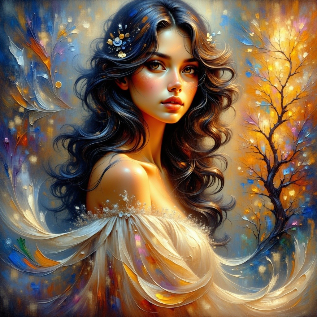 Digital painting of a young woman with floral accents