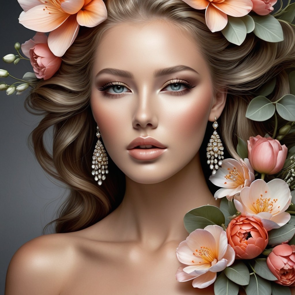 Portrait of a Woman with Flowers and Elegant Makeup