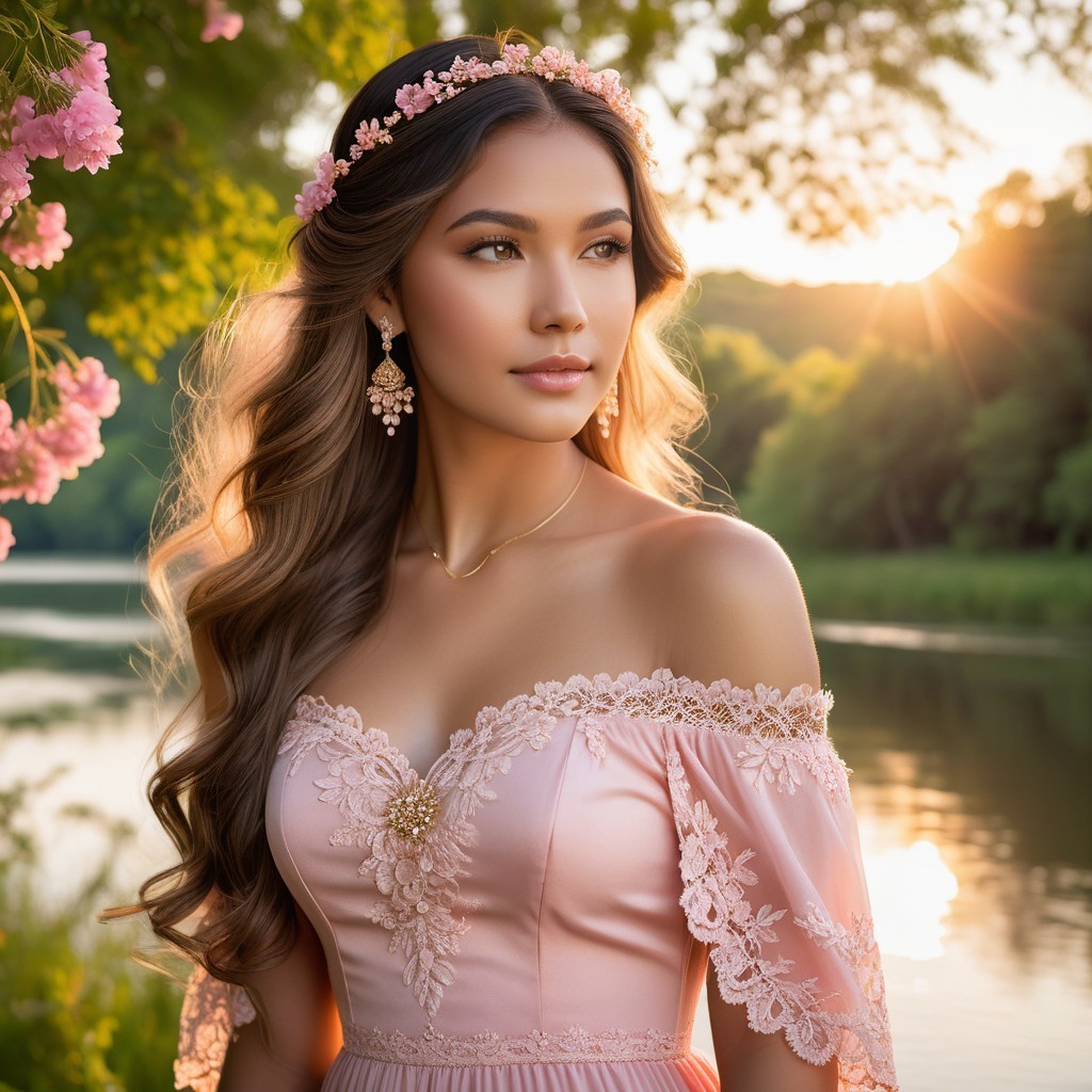 Young woman in pink gown by serene lake with sunlight
