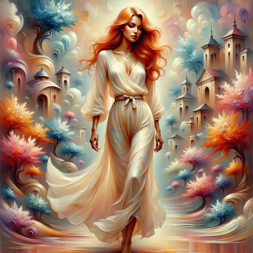 Elegant Woman in Whimsical Colorful Landscape