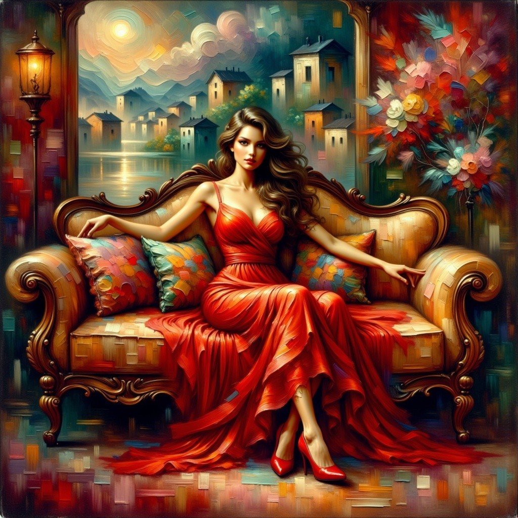 Woman in Red Gown on Gold Sofa by Village Lake
