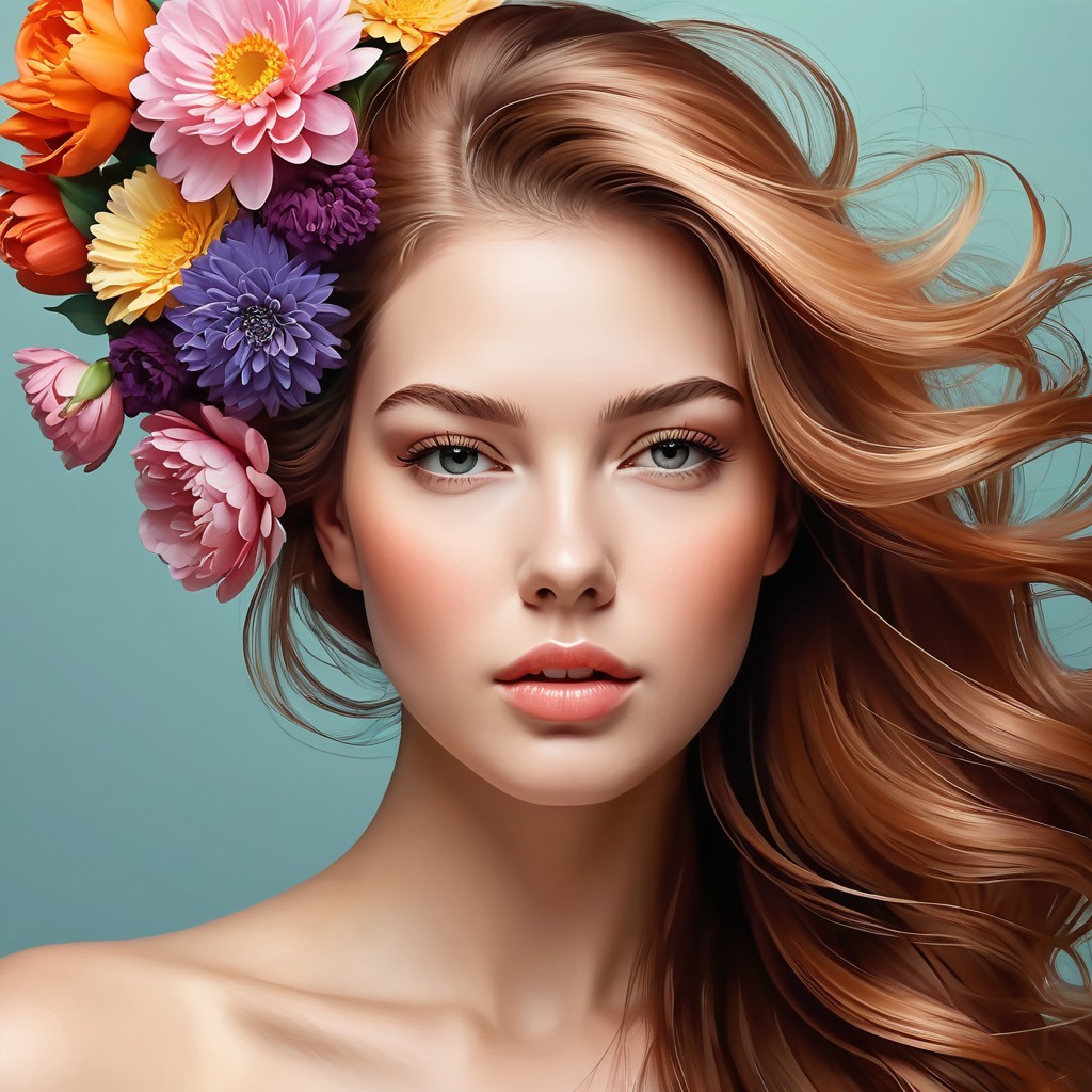 Serene portrait of a woman with floral crown and blue eyes