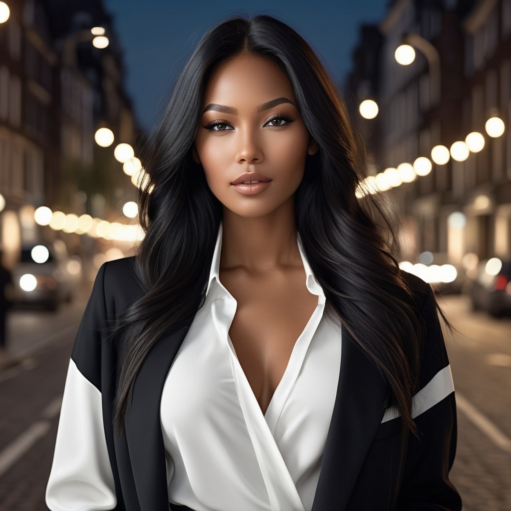 Confident Woman in Urban Setting with Street Lights