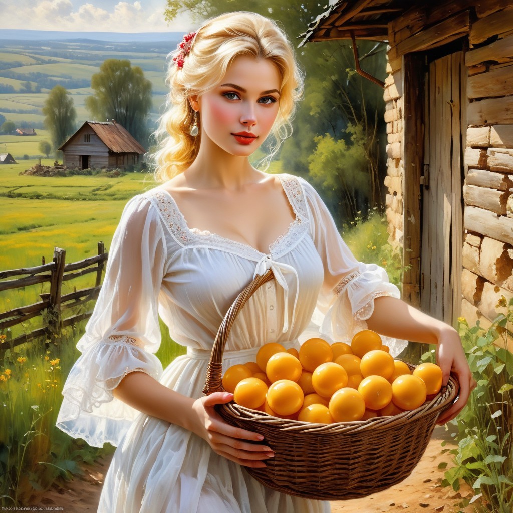 Young woman with oranges by a wooden cottage