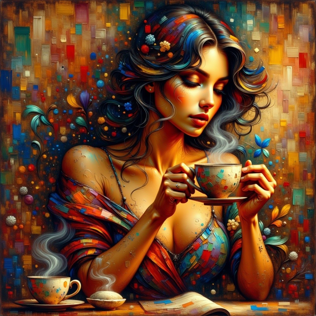 Serene Woman Sipping Tea Amidst Colorful Abstracts