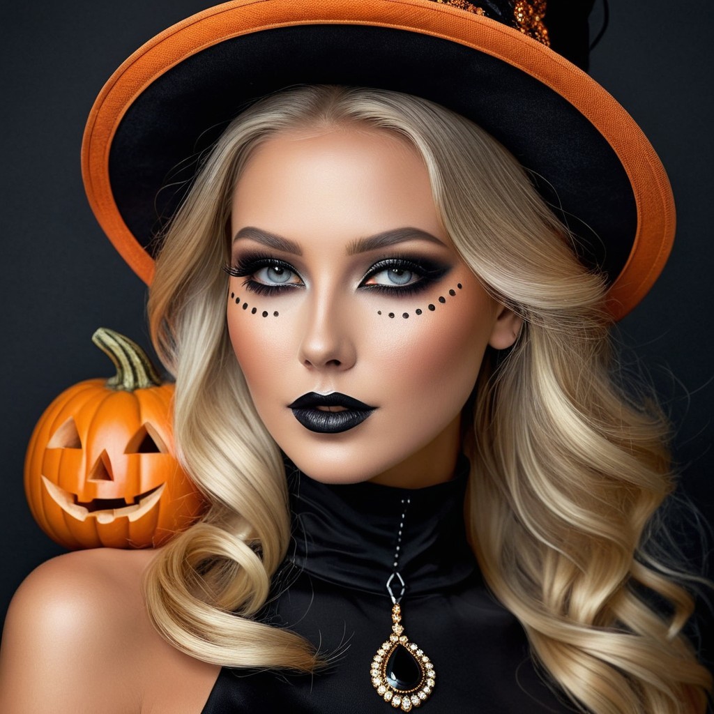 Glamorous Halloween Look with Black Lipstick and Pumpkin
