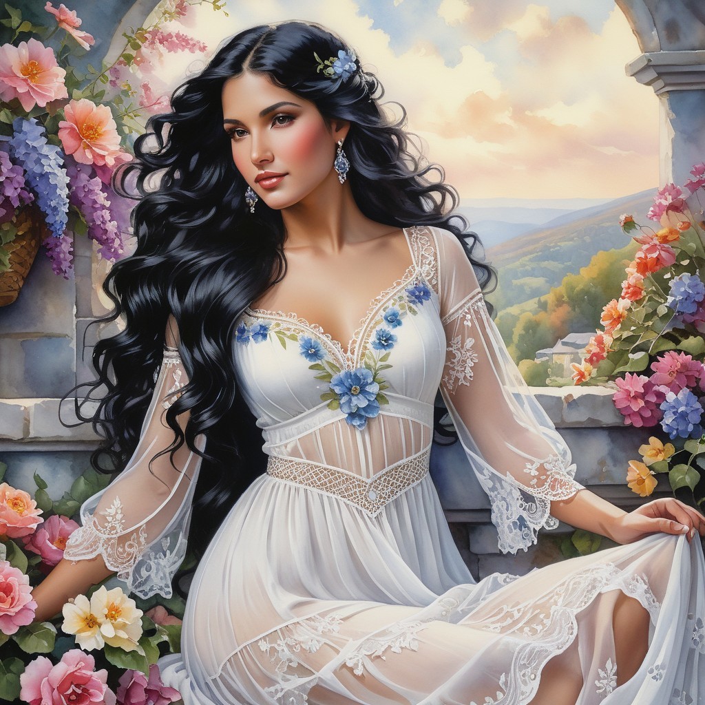 Elegant Woman by Flower-Adorned Stone Window