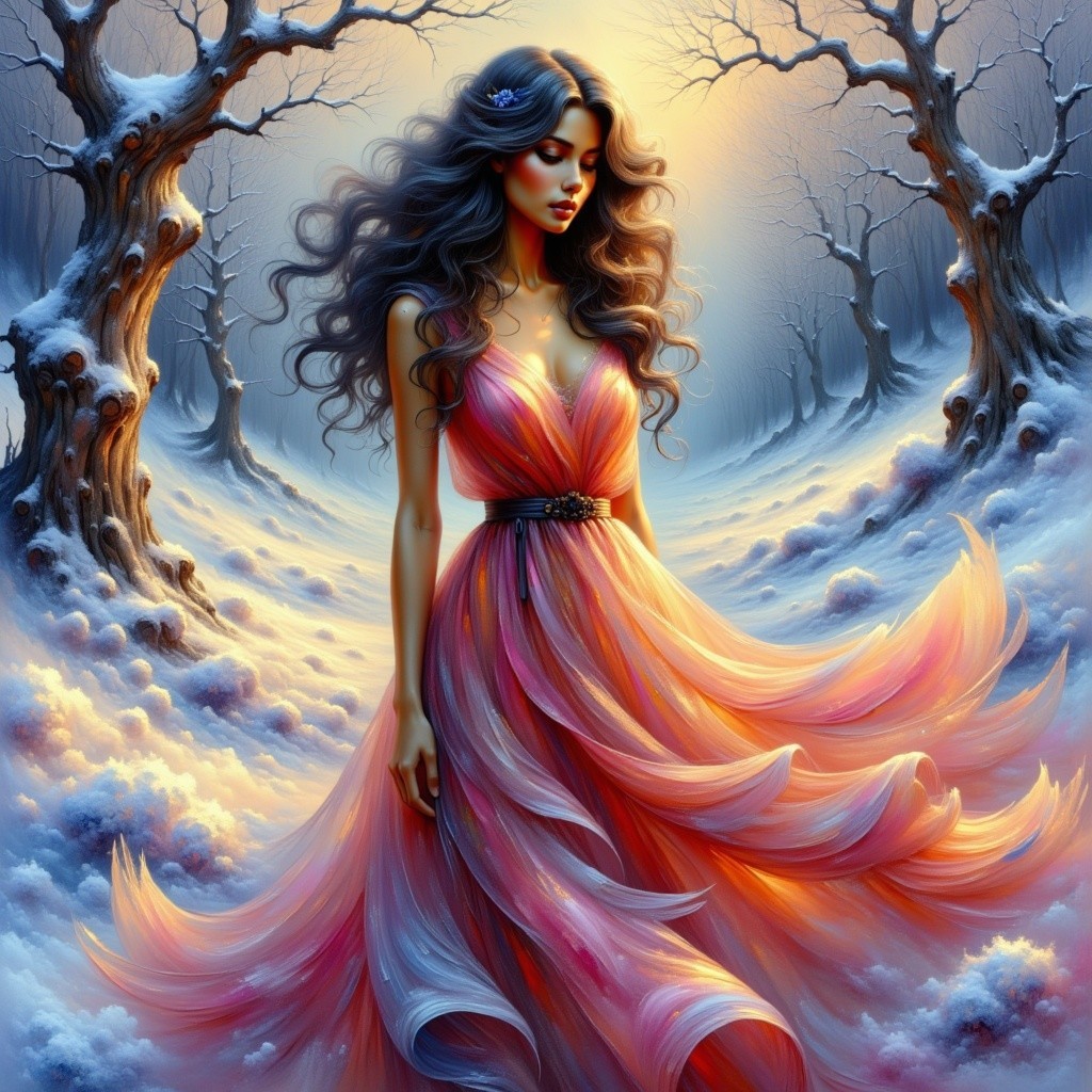 Mysterious Woman in Colorful Gown in Snowy Forest