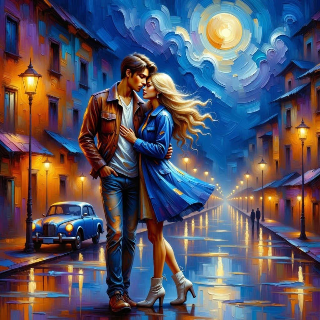 Digital painting of couple embracing on rainy night