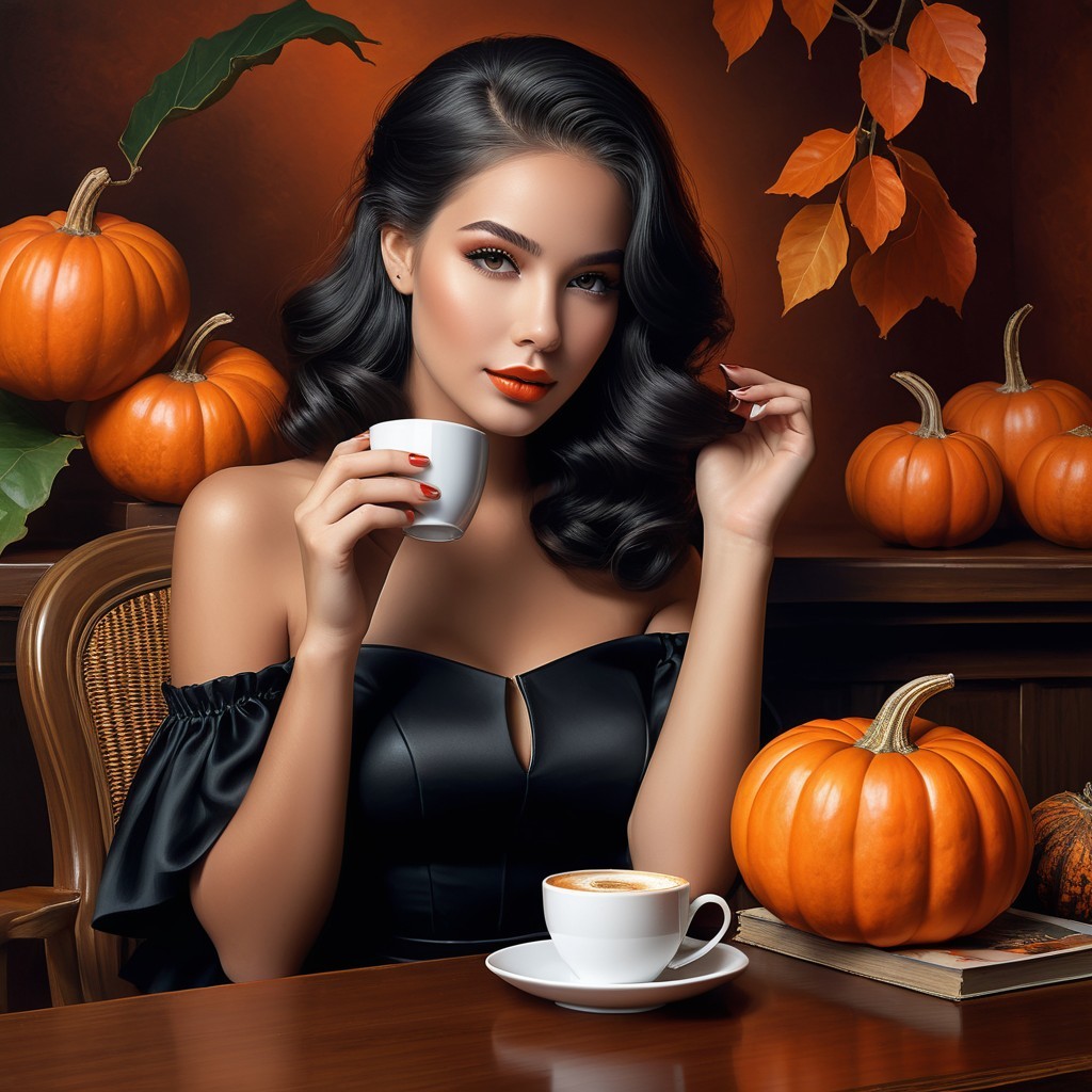 Elegant Woman Surrounded by Autumn Decor and Coffee