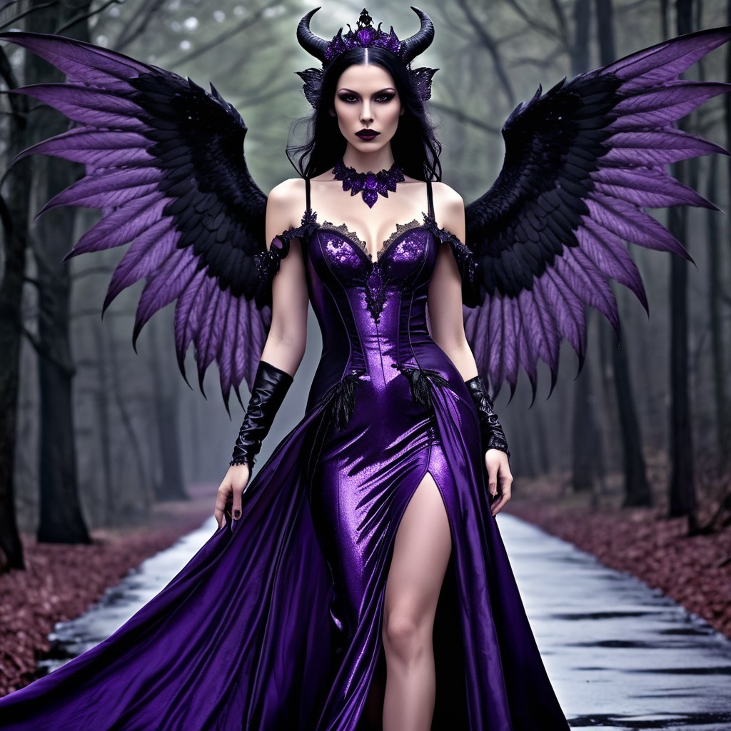 Ethereal figure in dark gown with black wings in forest
