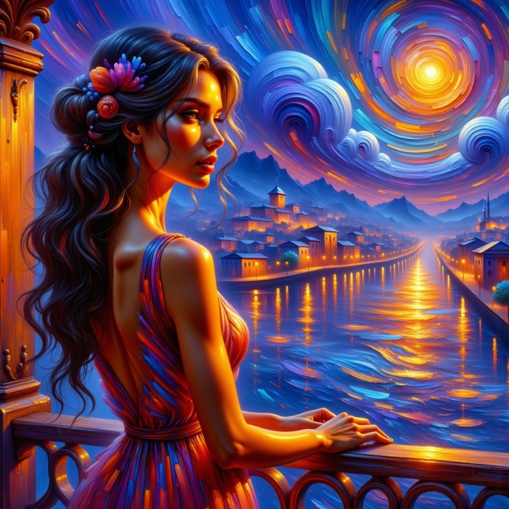 Young Woman Overlooks River at Dusk in Vibrant Landscape