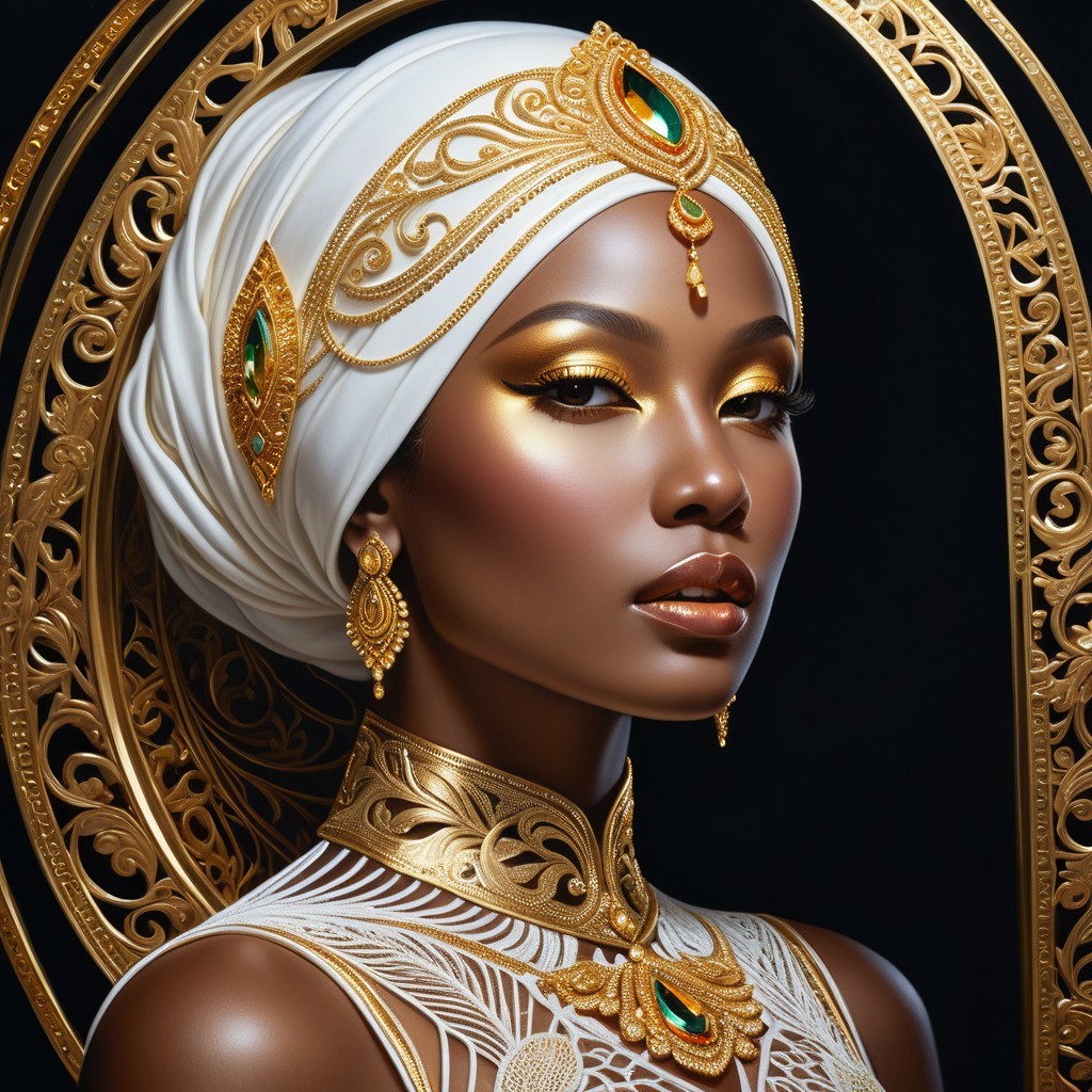 Elegant Woman in Gold Jewelry and White Headscarf