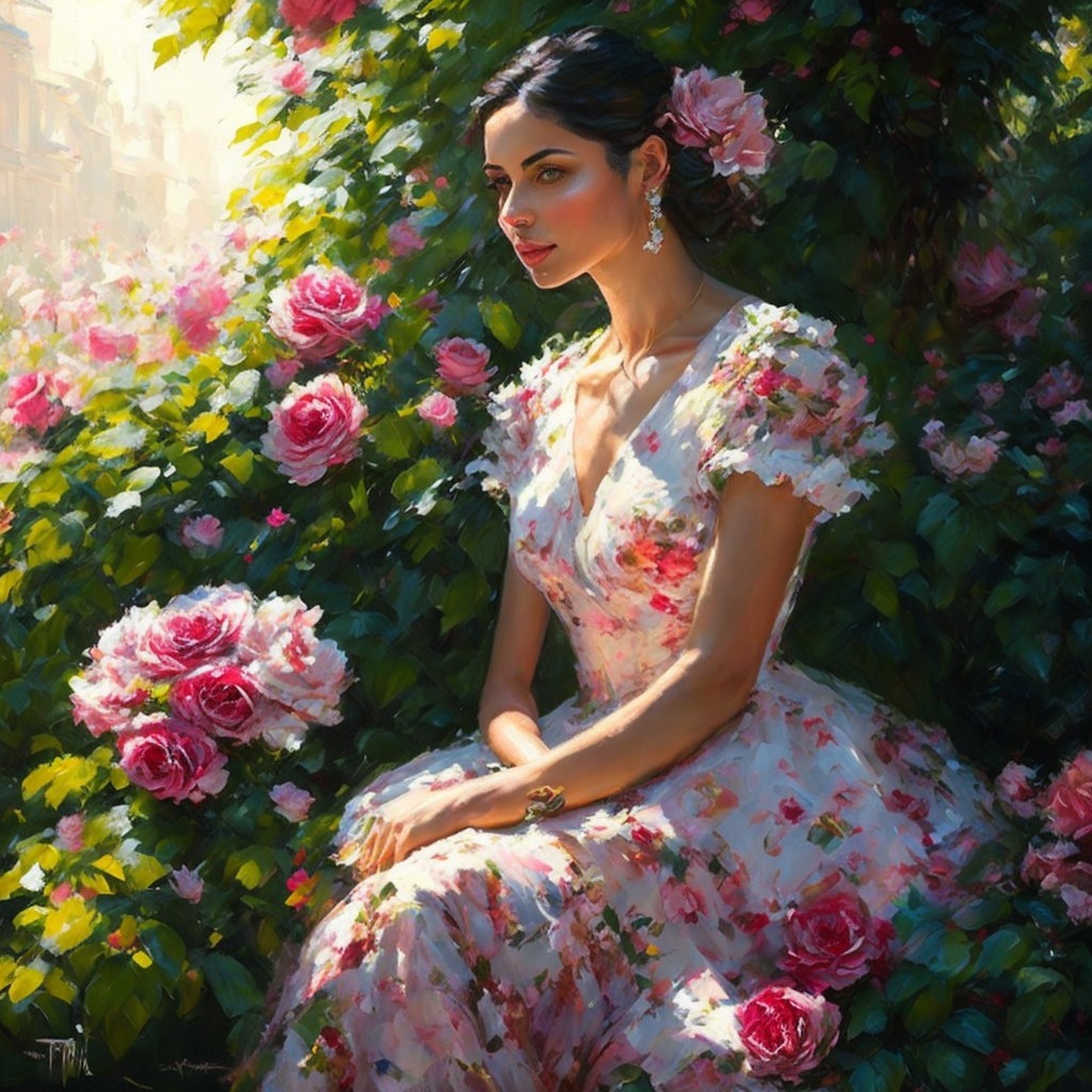 Woman in Floral Dress Surrounded by Vibrant Roses
