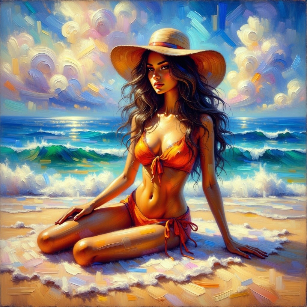 Impressionistic Digital Painting of a Woman on Beach