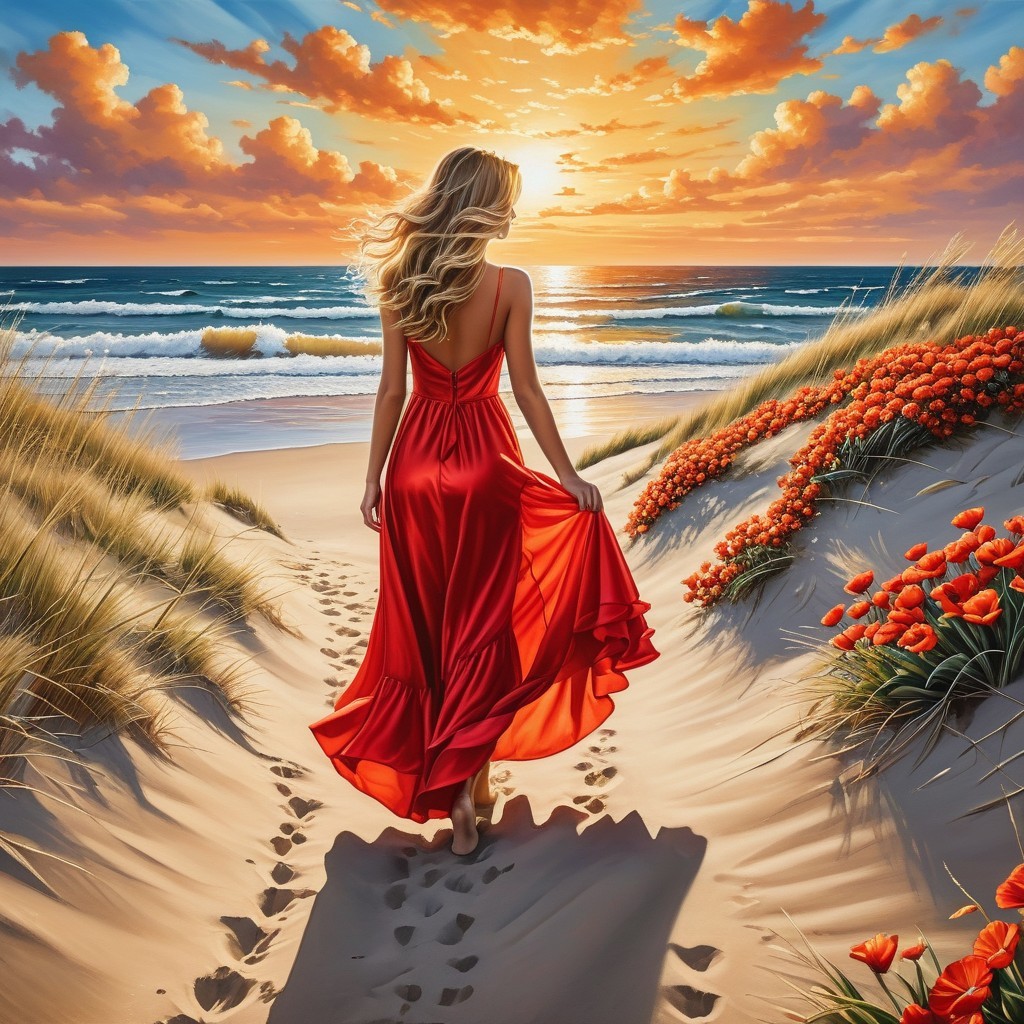 Woman in Red Dress at Serene Ocean Sunset