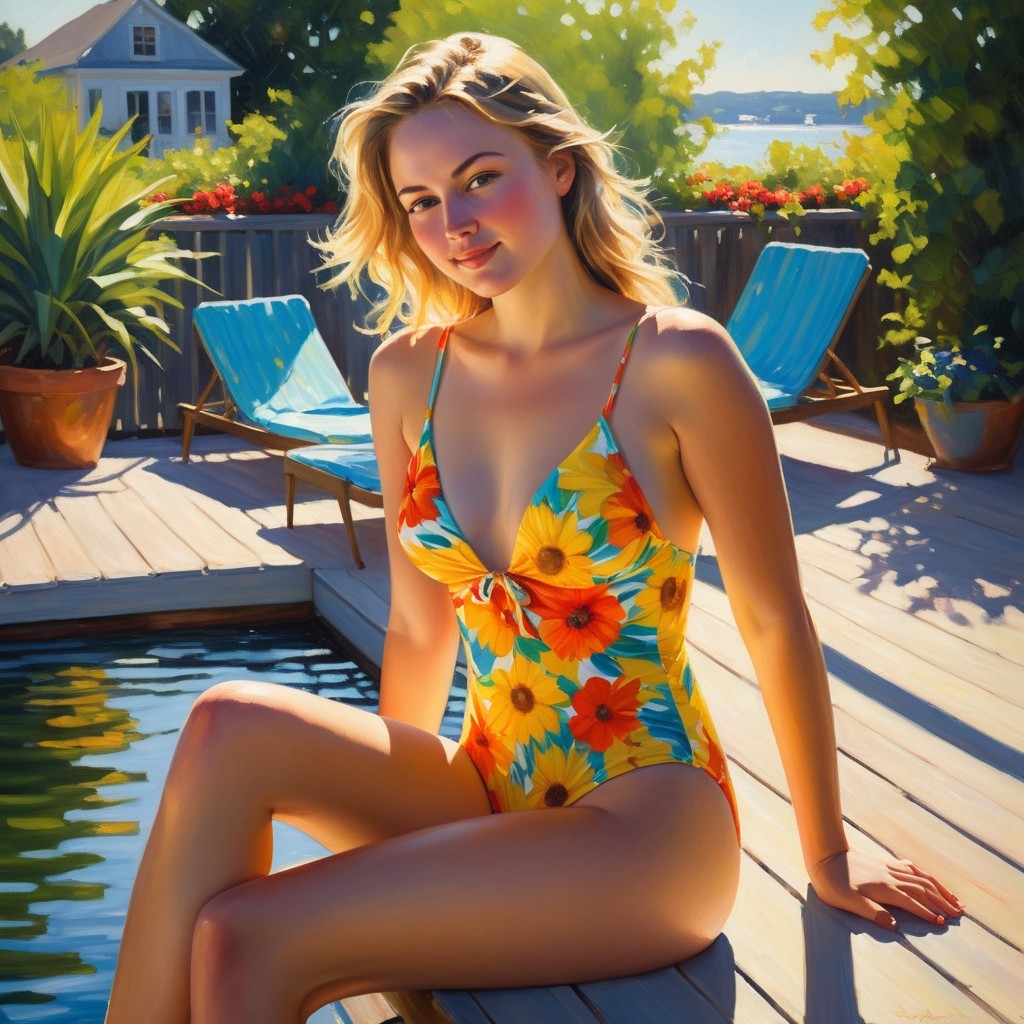 Young woman in floral swimsuit by a serene pool