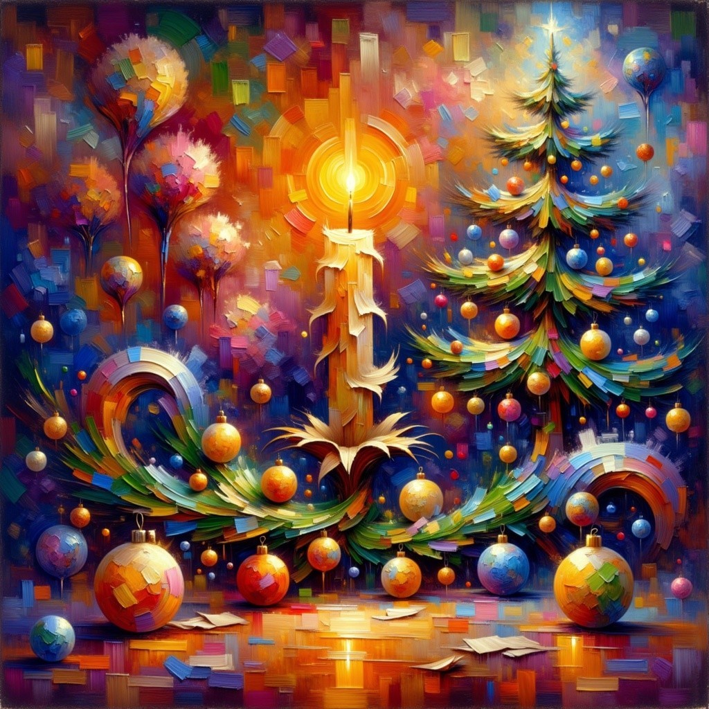 Colorful Christmas Scene with Tree and Ornaments