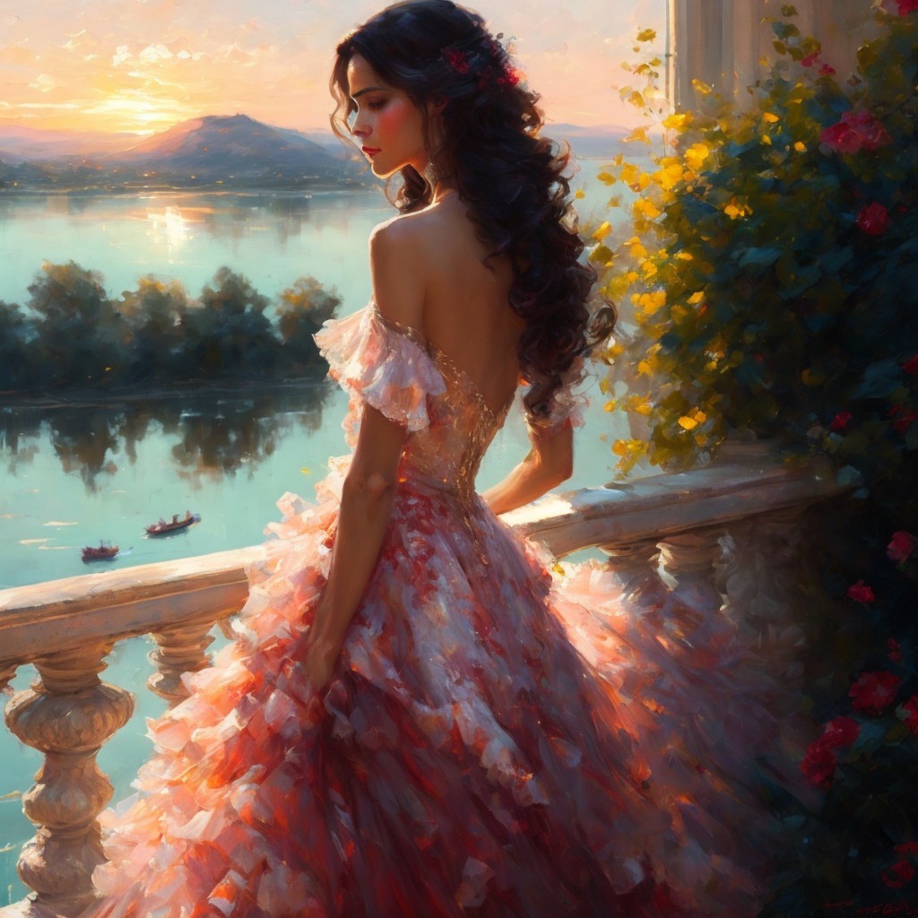 Young Woman on Balcony Overlooking Sunset Lake