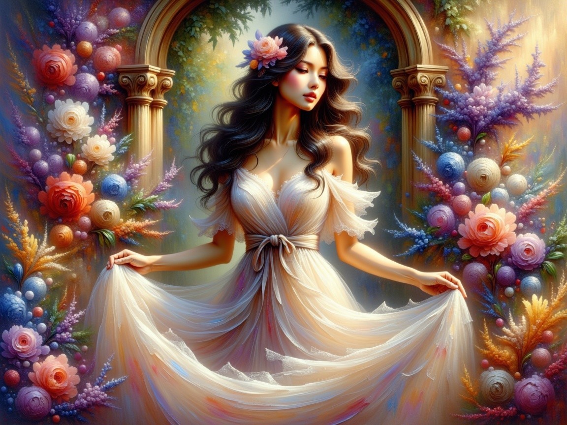 Elegant Woman in Floral Backdrop with Ethereal Gown