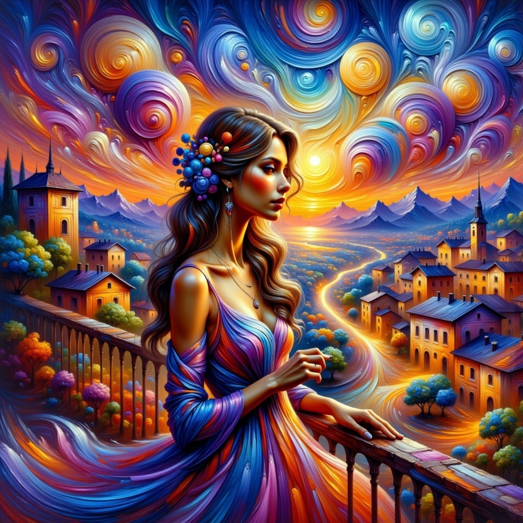 Vibrant Scene of Woman in Dress Against Colorful Sunset