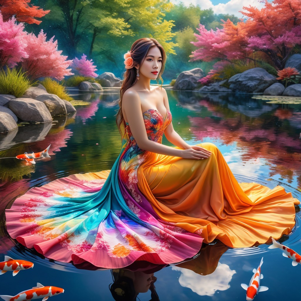 Young Woman in Colorful Dress by Tranquil Pond