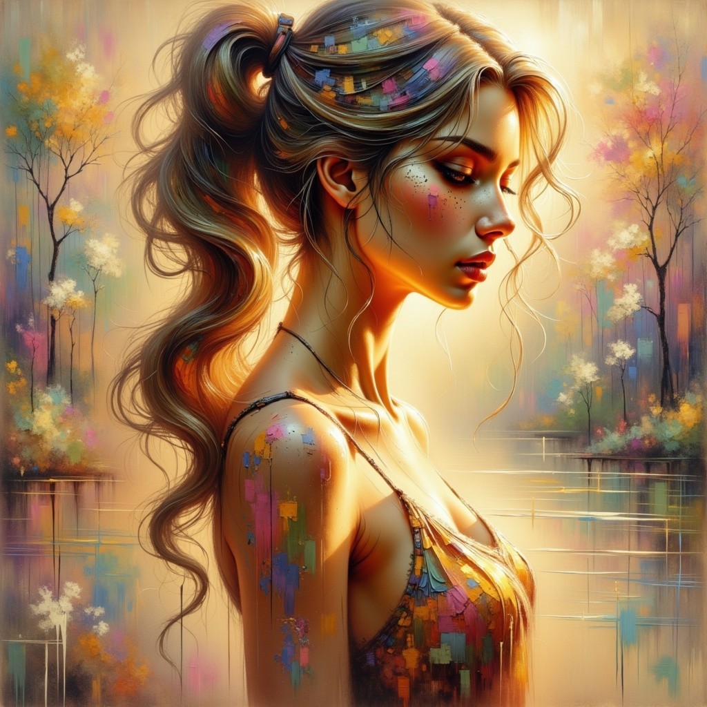 Serene Young Woman with Colorful Paint in Nature