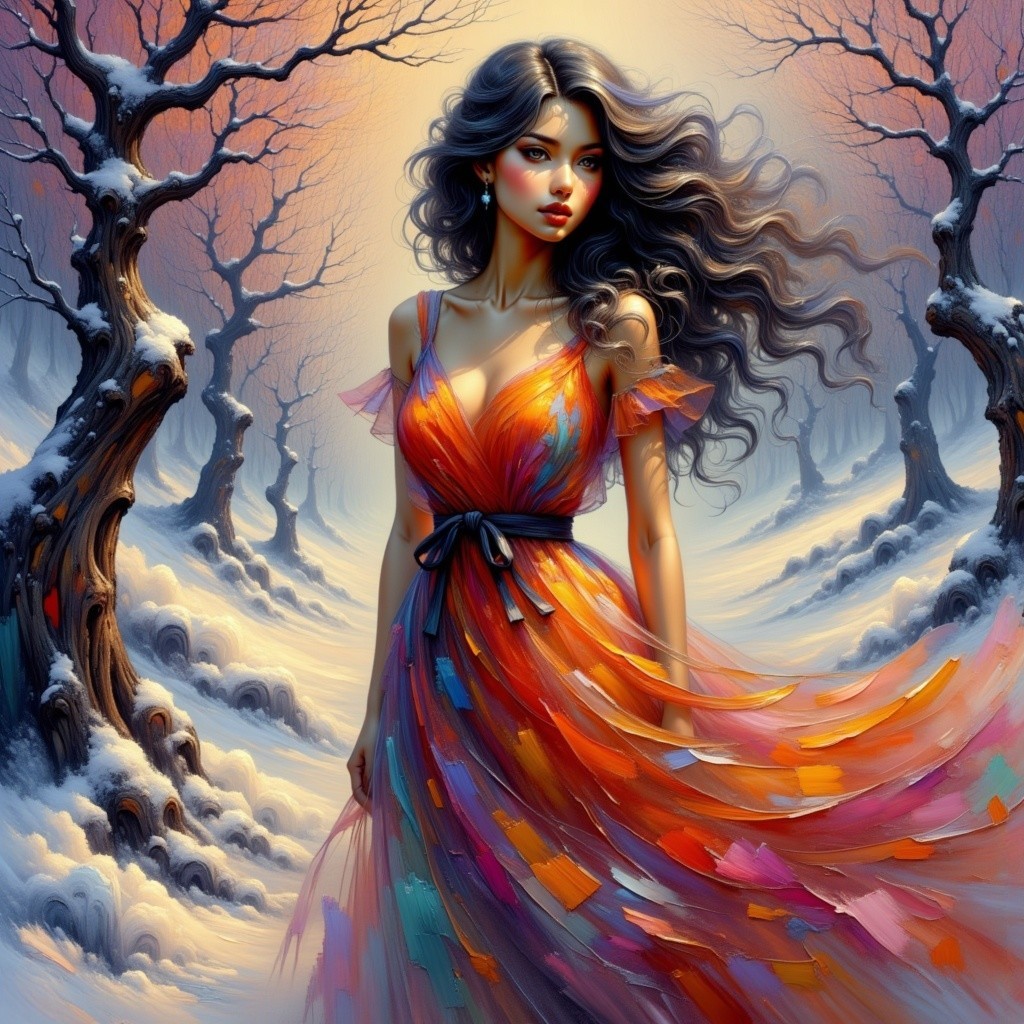 Young Woman in Colorful Dress in Snowy Landscape