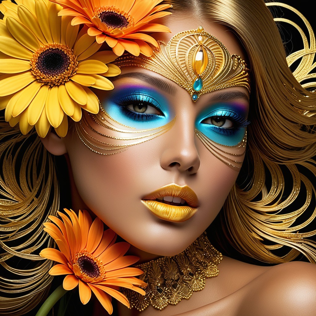 Stunning Woman with Intricate Blue and Gold Face Paint