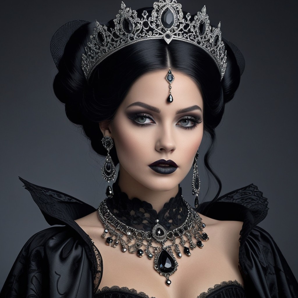 Portrait of a woman in elegant gothic attire with crown