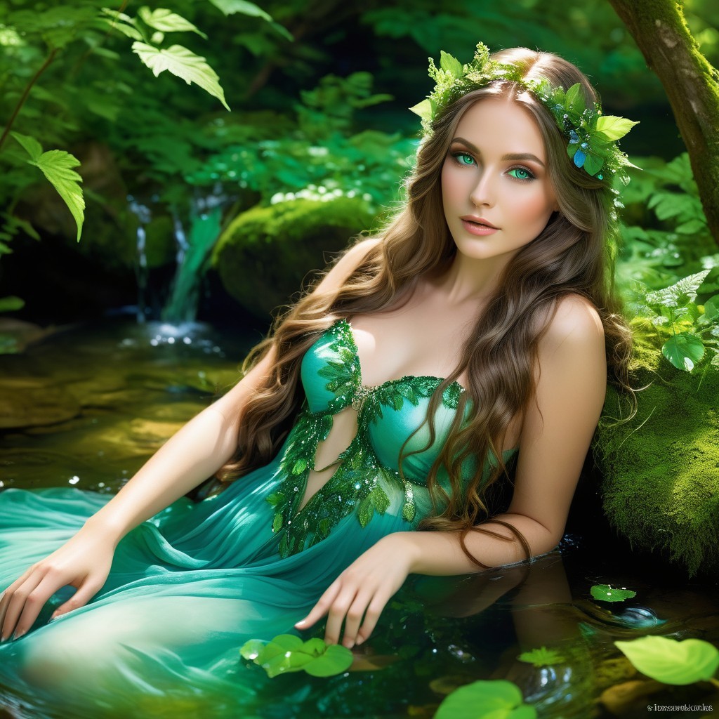 Serene forest scene with a woman in a green gown