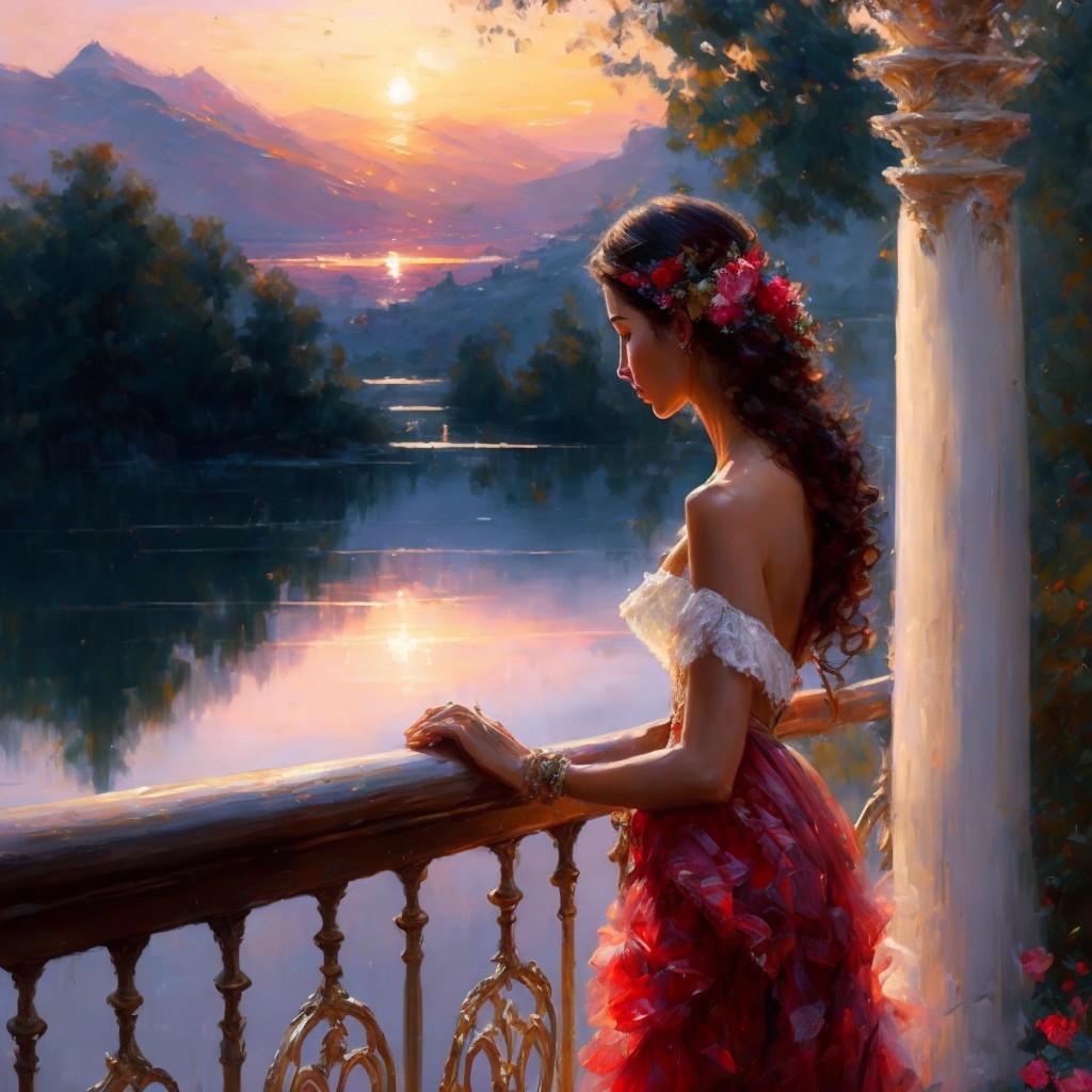 Young woman on balcony at sunset by serene waters