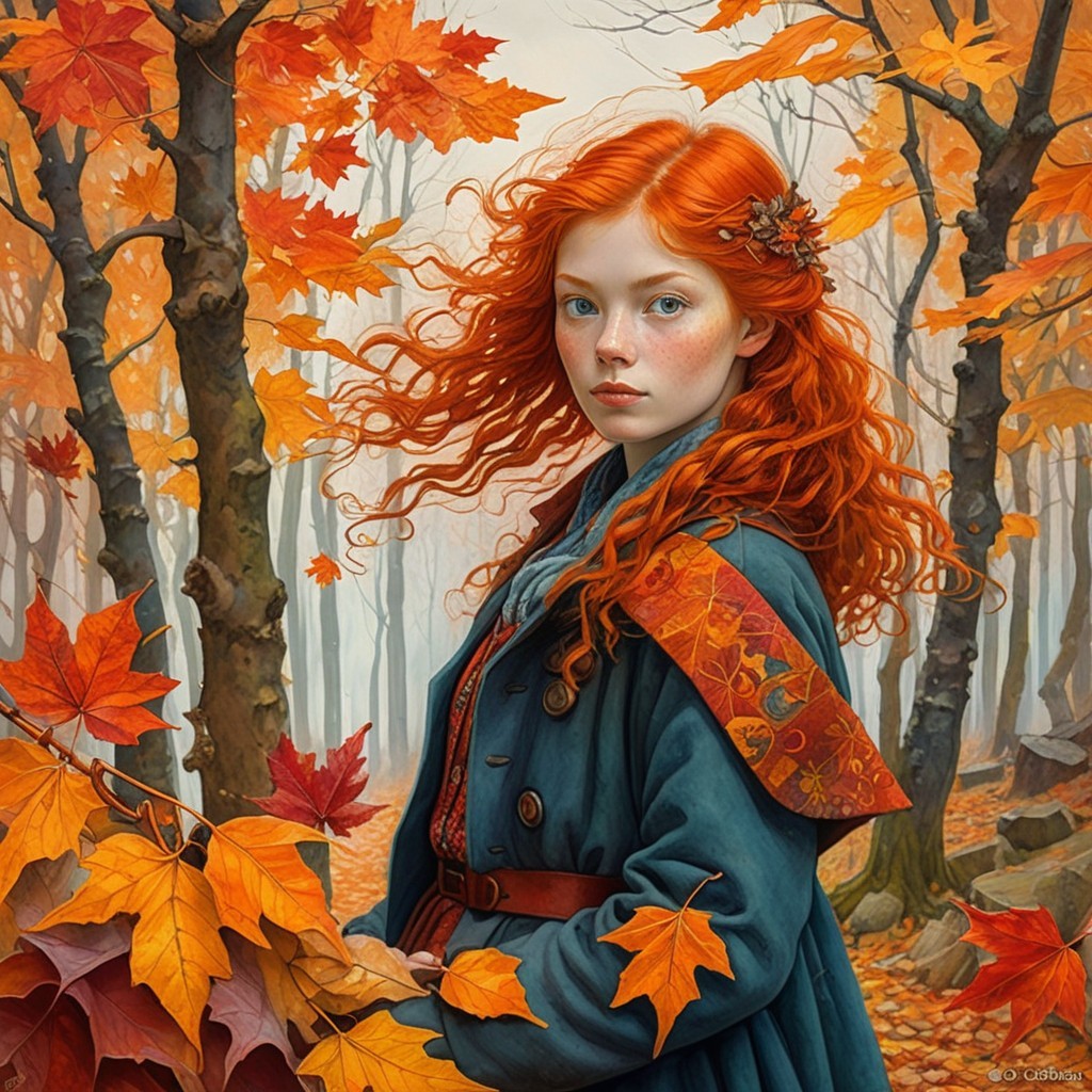 Young girl with red hair in autumn forest setting