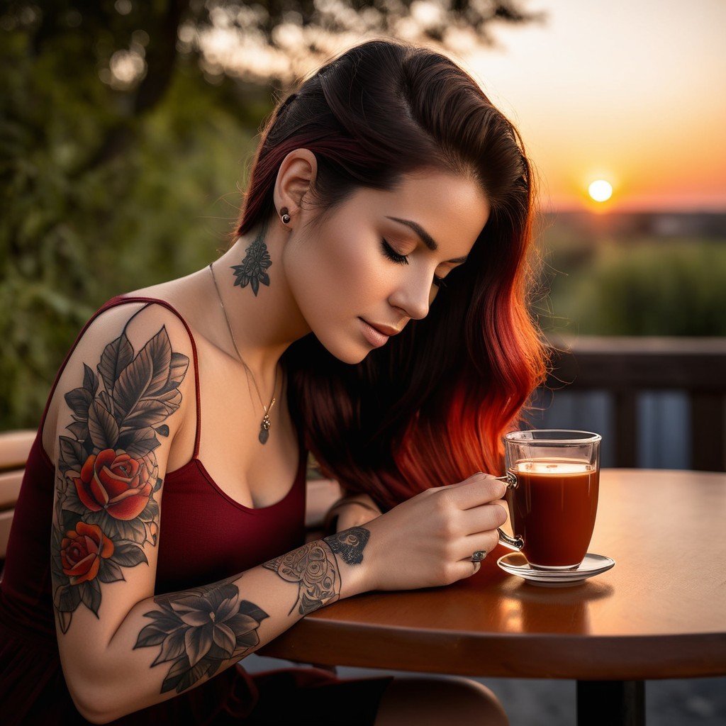 Woman with red hair and tattoos at sunset table