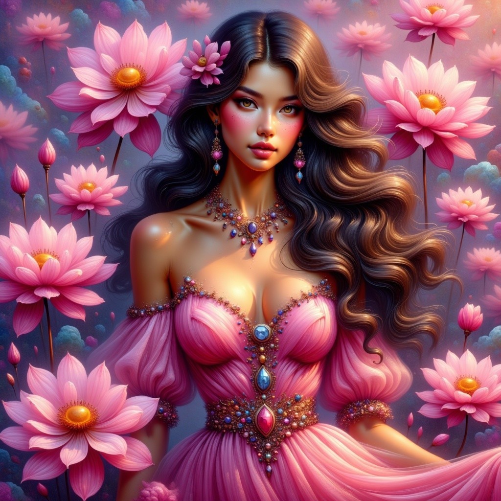 Woman in Pink Gown Surrounded by Lotus Flowers