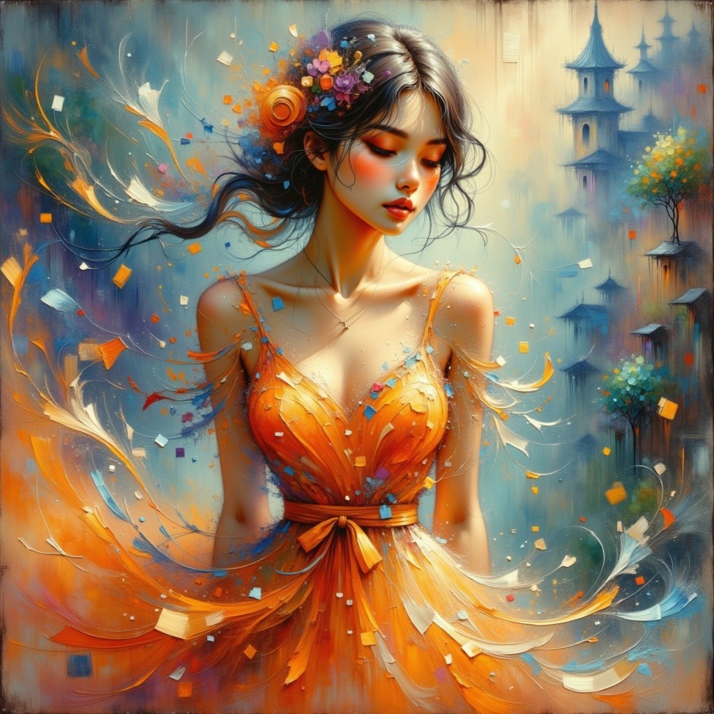 Oil Painting of Young Woman in Colorful Dress and Flowers