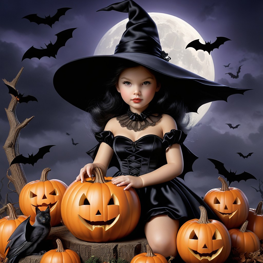 Whimsical Doll Witch Surrounded by Glowing Pumpkins