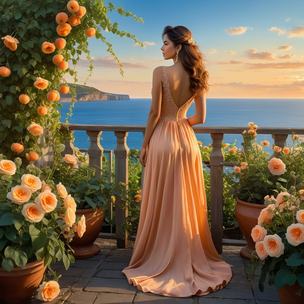 Woman in Peach Gown Overlooking Sunset by the Sea