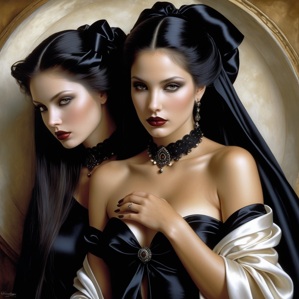 Elegant Women in Dark Gowns with Golden Backdrop
