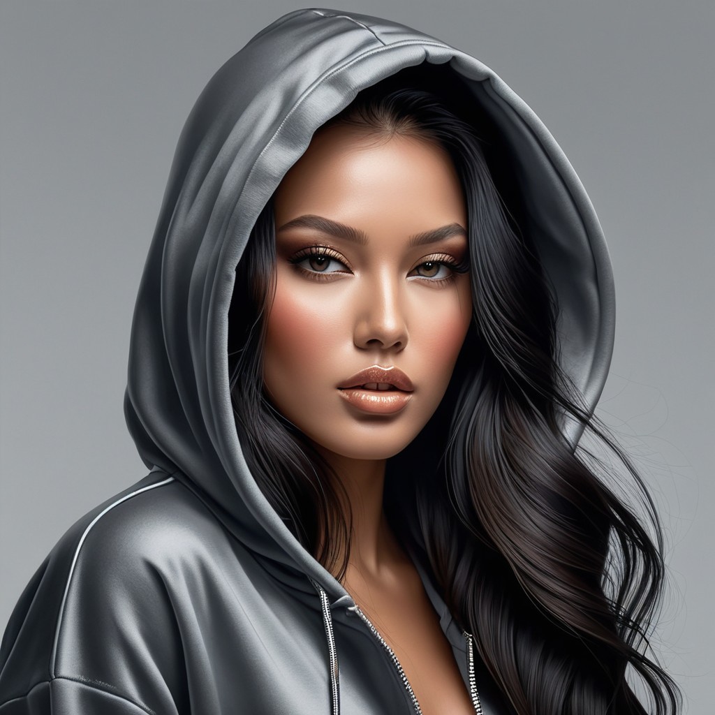 Young woman in gray hoodie with subtle makeup