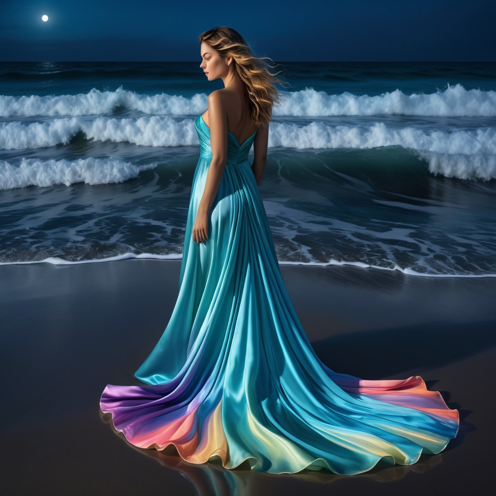 Woman in flowing gown by the ocean at night