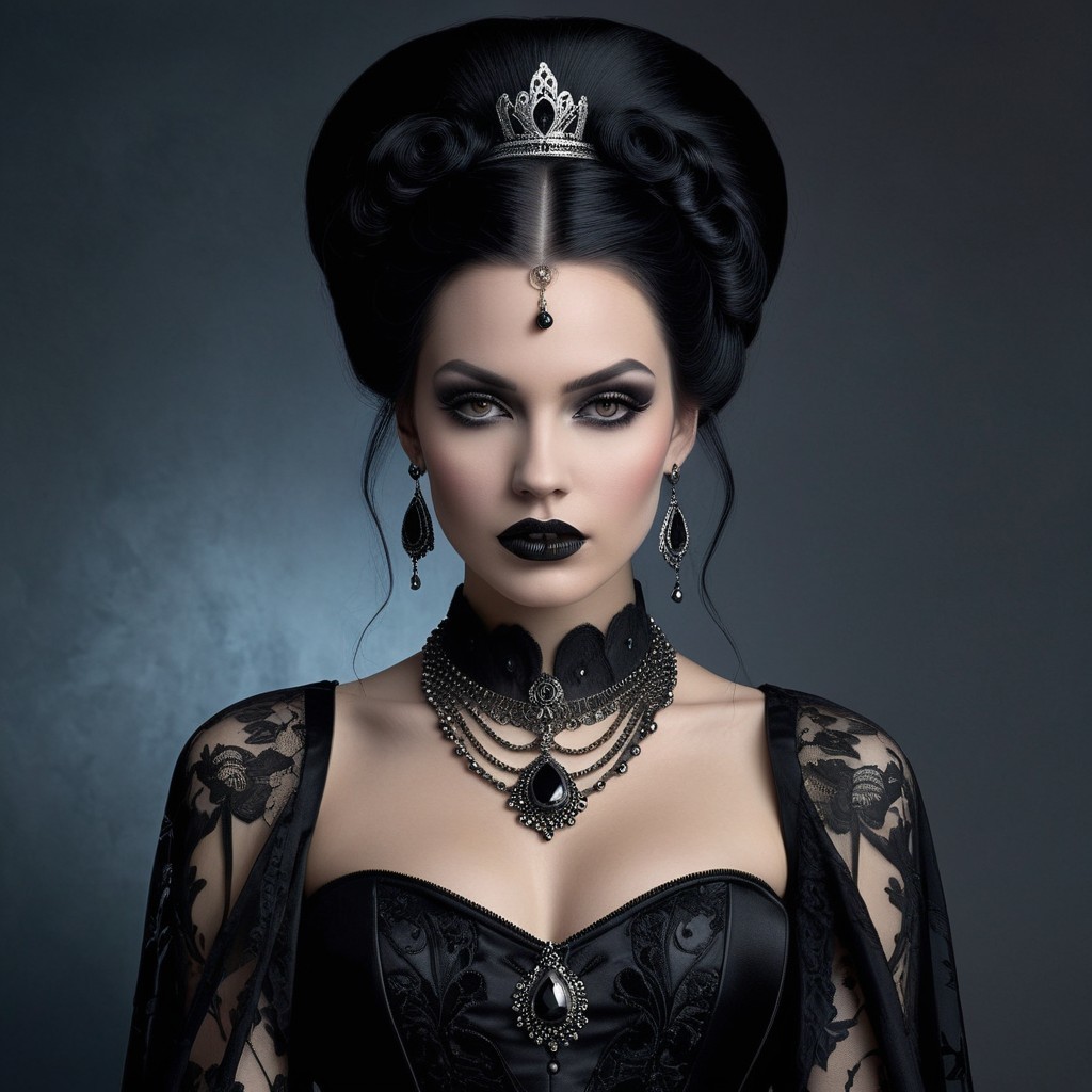 Elegant Woman in Black Attire with Dramatic Makeup