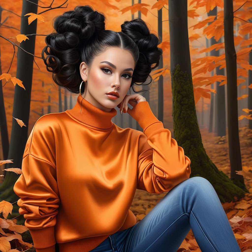 Young Woman in Autumn Forest with Stylish Outfit